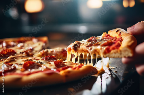 Close-up of a hand pulling a cheesy pizza slice, with toppings melting and stretching. Moody lighting enhances the delicious detail photo