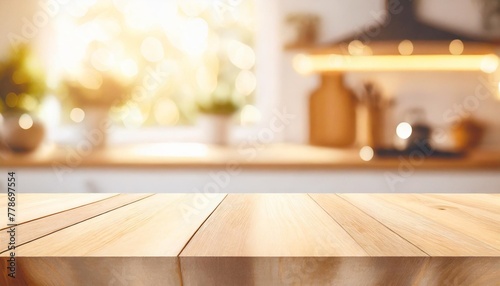 empty wood table top counter and blur bokeh modern kitchen interior background in clean and bright banner ready for product montage empty wooden table top counter on interior kutchen background