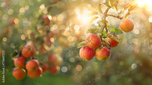 Ripe apples growing on a branch with green leaves in the garden. Sunny day. Bokeh effect. AI generative