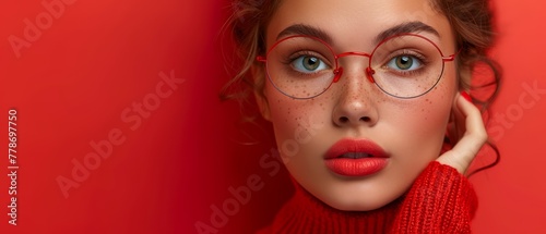a woman wearing red glasses and a red sweater with freckled hair and a red sweater with freckled hair and freckled freckled freckled freckles.
