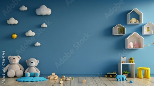 charming arrangement of little clouds on the wall and the assortment of soft toys in the baby room.