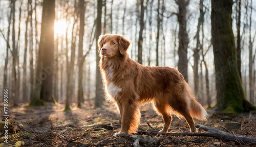 a nova scotia duck tolling retriever dog stands alert in a barren forest the dog fiery coat contrasts with the muted tones of the leafless trees