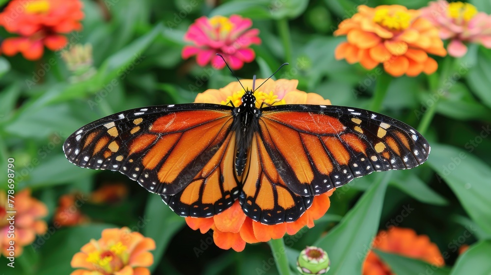Obraz premium A monarch butterflys wings perfectly complementing the colors of a zinnia