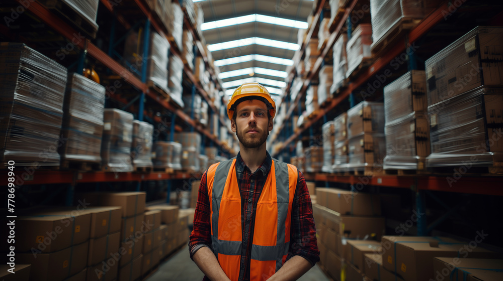 Portrait of a warehouse worker against the background of shelves with boxes. Warehouse employee wearing a helmet and safety vest. The man looks at the camera. AI generative Portrait of a warehouse worker against the background of shelves with boxes. Warehouse employee wearing a helmet and safety vest. The man looks at the camera. AI generative