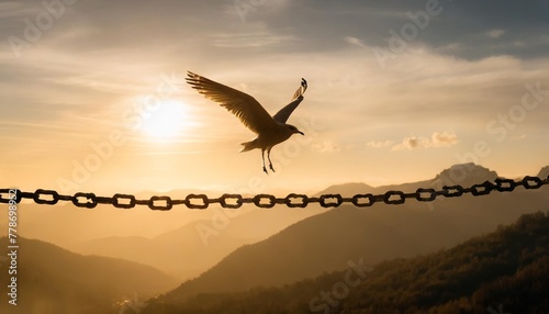 freedom concept silhouette of bird flying and broken chains at autumn mountain sunset background © Slainie