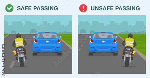 Safe driving tips and traffic regulation rules. Safe and unsafe passing on road. Motorcycle rider is trying to overtake the car from the right and left side. Flat vector illustration template.