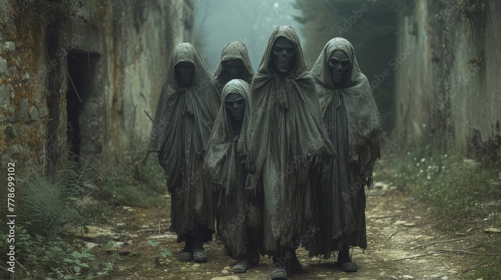 a group of people in hooded clothing walking down a dirt road in the middle of a forest with trees in the background. a group of people in hooded clothing walking down a dirt road in the middle of a forest with trees in the background.