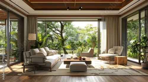 Position the camera to capture the modern living room s interior while emphasizing the garden view from the window. 