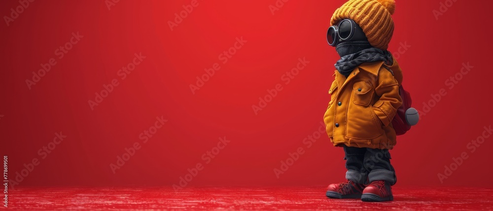 a small child wearing a yellow jacket and a black hat with a red background and a red background with a red wall. a small child wearing a yellow jacket and a black hat with a red background and a red background with a red wall.