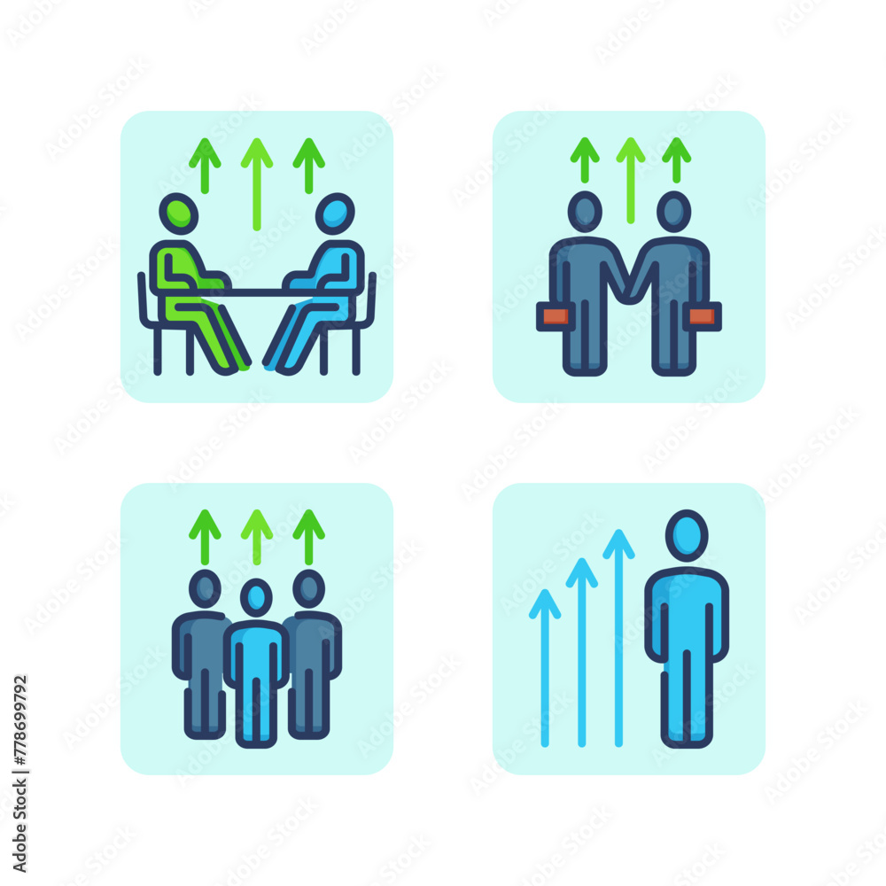 Business employees line icon set. Growing for personnel, interviewing for position, working together. Promotion and business team concept. Vector illustrations for web design and apps Business employees line icon set. Growing for personnel, interviewing for position, working together. Promotion and business team concept. Vector illustrations for web design and apps
