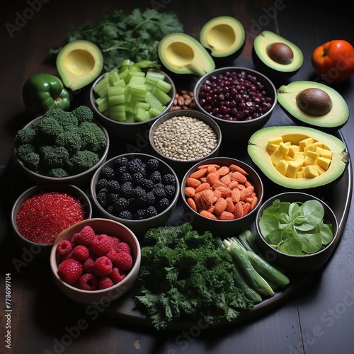 big plate with vegetables on dark background