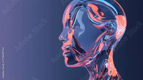 A transparent glass figure with an elegant head and neck on a navy-indigo gradient background