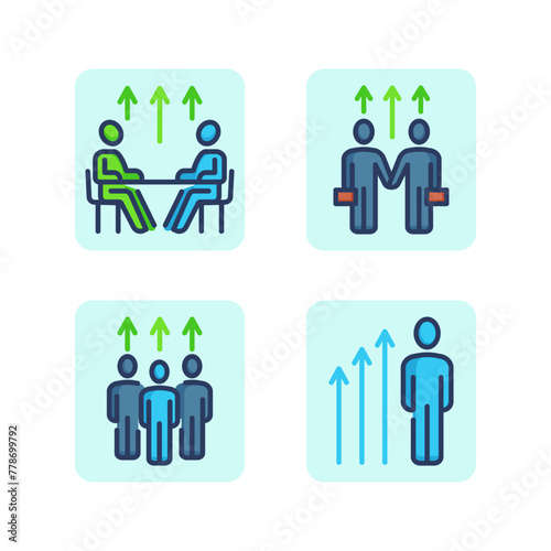 Business employees line icon set. Growing for personnel, interviewing for position, working together. Promotion and business team concept. Vector illustrations for web design and apps