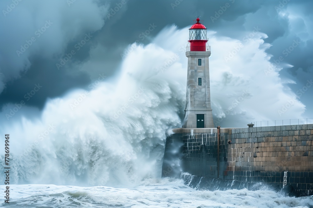 A lighthouse surrounded by huge waves in the background of a stormy sea