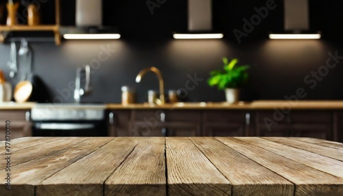 empty wood table top counter and blur bokeh modern kitchen interior background in clean and bright banner ready for product montage empty wooden table top counter on interior kutchen background