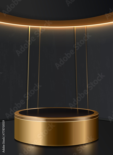 Gold cylindrical podium stands boldly against a black backdrop, providing a luxurious 3D stage for showcasing cosmetic products. Abstract minimalist wall scene, perfect for product mockup display
