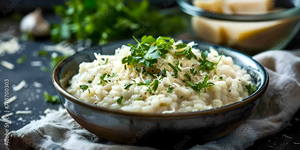Vegan Keto-Friendly Fluffy Cauliflower Rice with Parsley Garnish, Cooked rice porridge, Mussel rice pilaf. Rice with mussels on small white plate on ceramic. Vegan Keto-Friendly Fluffy Cauliflower Rice with Parsley Garnish, Cooked rice porridge, Mussel rice pilaf. Rice with mussels on small white plate on ceramic.