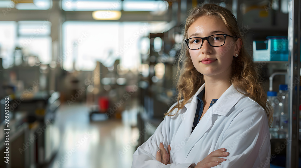 A young scientist with glasses and a lab coat stands against a laboratory background