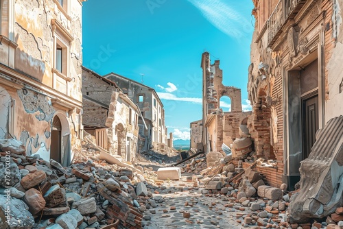 a town destroyed  by earthquake, buildings collapsed and rubble scattered across the streets