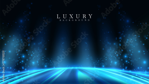 Blue light rays and particles on dark stage background. Vector illustration.