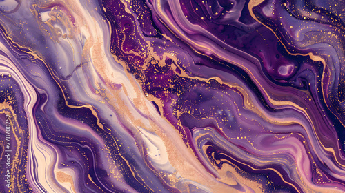 Abstract violet and beige marble background with fluid acrylic paint swirls