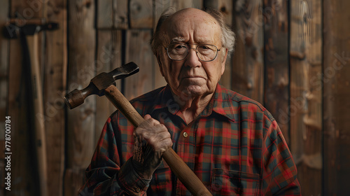 An elderly carpenter with glasses and a flannel shirt stands against a wood grain background photo