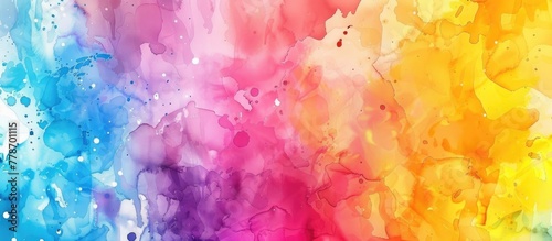 A closeup of a vibrant watercolor background featuring a colorful array of purple, pink, magenta, and electric blue hues swirling together in an artful pattern reminiscent of a rainbow