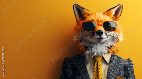 Stylishly Dressed Red Fox Wearing Sunglasses and Suit with Tie on Vibrant Background