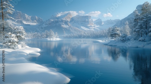 a lake surrounded by snow covered trees and a mountain in the distance with snow on the ground and in the foreground, there is a body of water in the foreground.