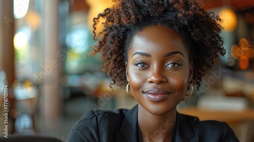 African American Woman smiling at the camera during a meeting in a business office. Mature and professional business woman leading a corporate team towards success. Generative AI