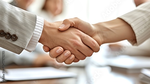a close up of two people shaking hands in front of a group of people sitting at a table in a conference room.