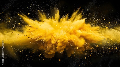 Explosive Burst of Vibrant Yellow Powder Erupting Against Dramatic Black Background