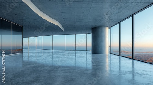 a large room with a view of the ocean from it's floor to ceiling windows, with a view of the city in the distance.