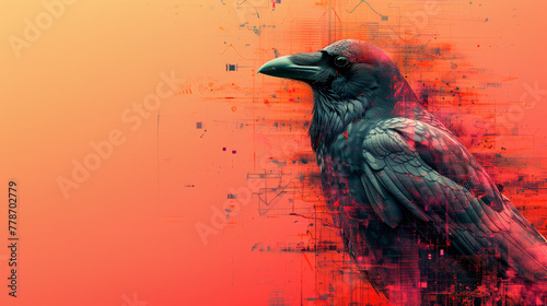 A black raven poses majestically against a striking red backdrop, embodying a scene of stark contrast and mystery.