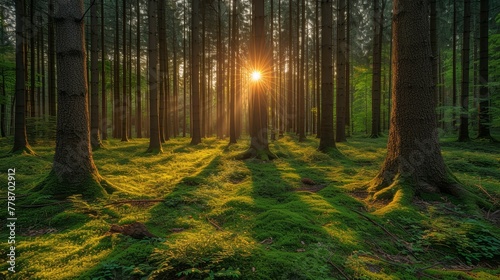 the sun shines through the trees in a forest filled with green grass and tall  thin  thin trees.