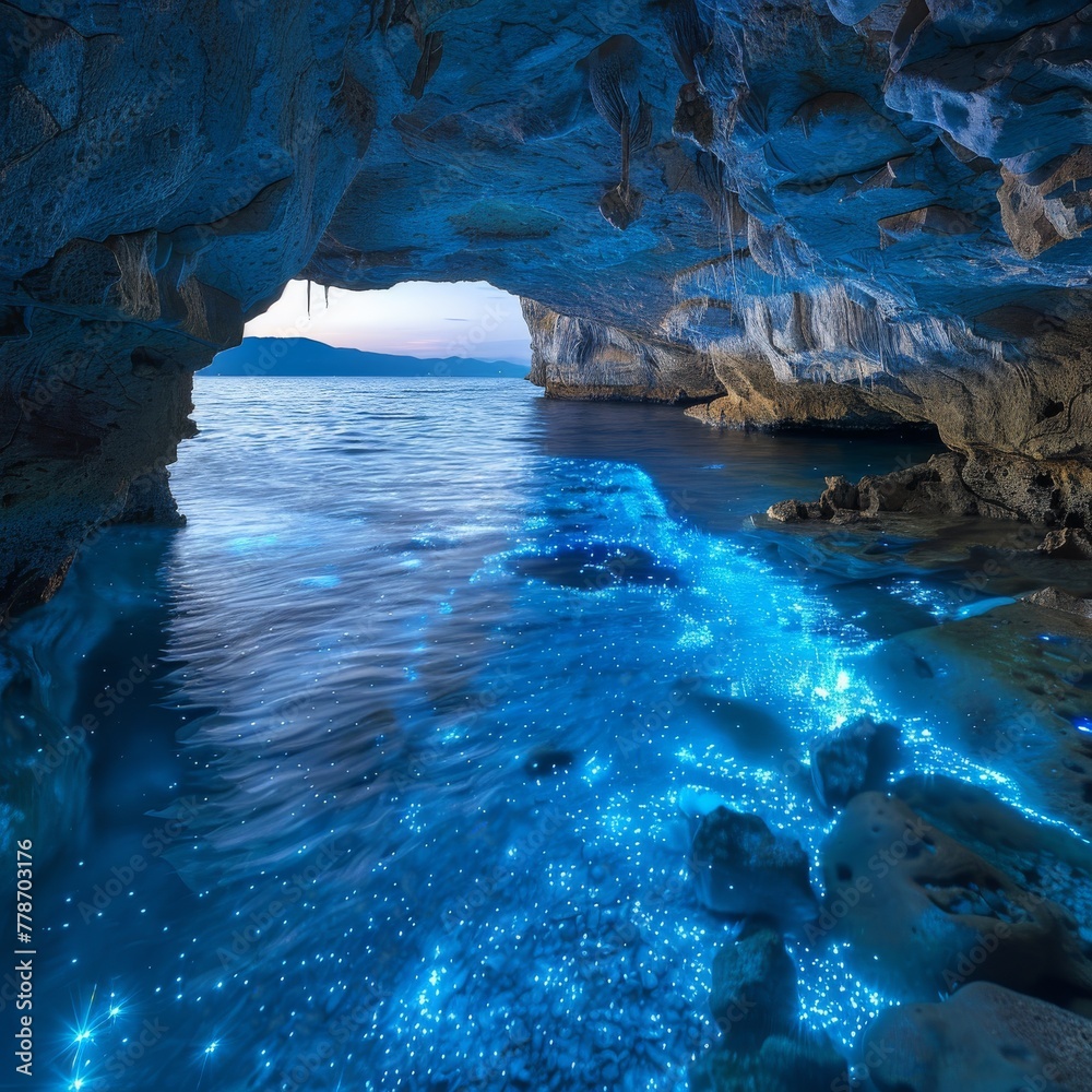 Underwater caves aglow with bioluminescent algae