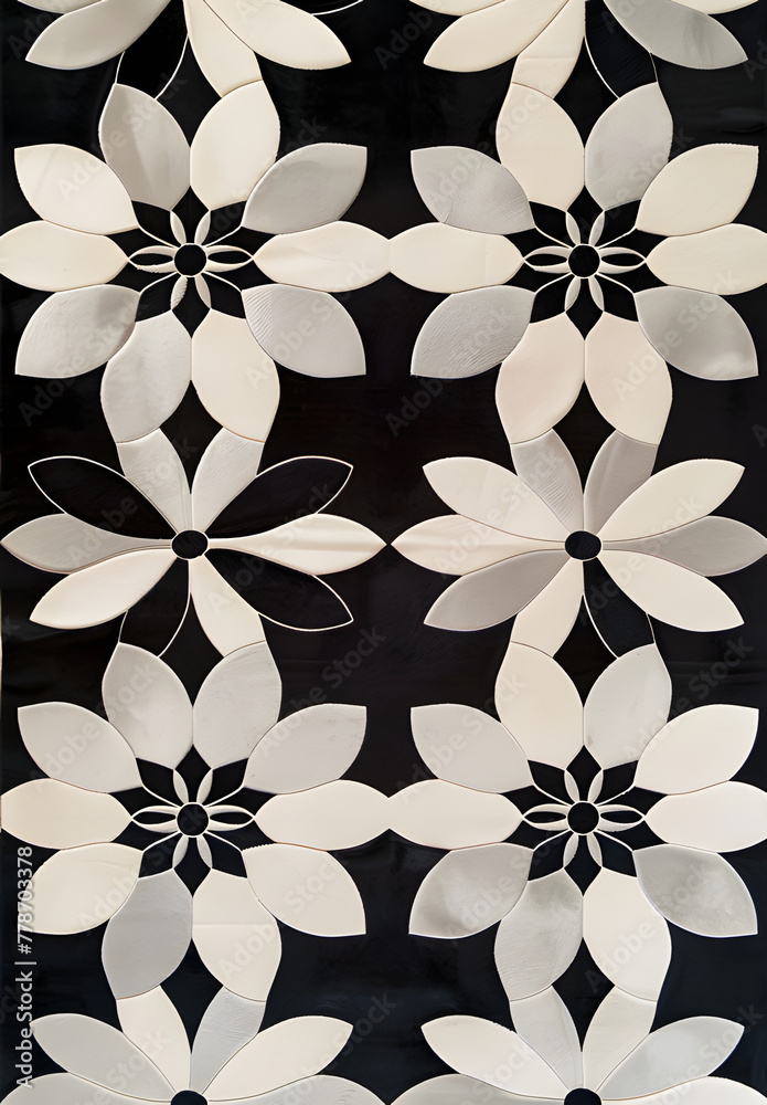 A sophisticated geometric floral pattern with a monochromatic palette, featuring elegant petal shapes against a stark black background. This minimalist design bridges modern and classic decor styles, 