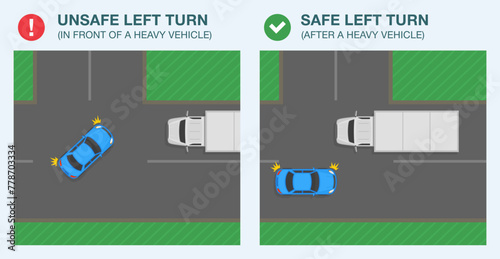 Safe driving tips and traffic regulation rules. Safe and unsafe left turn. Top view of a car turning in front of a heavy vehicle on crossroad. Flat vector illustration template.