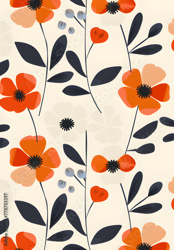 Inspired by mid-century modern aesthetics, this abstract poppy pattern combines whimsical floral shapes with a warm, retro color scheme. Perfect for adding a touch of vintage charm to wallpaper, texti
