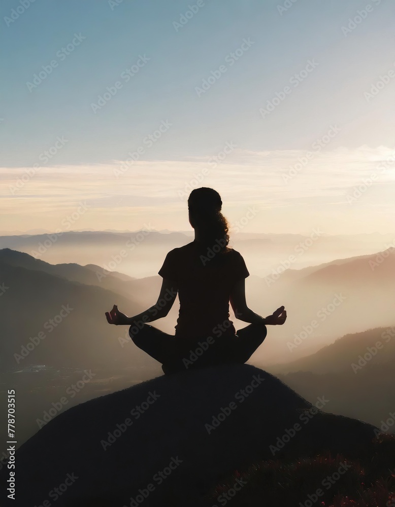 A silhouette of a woman meditating on a mountaintop during sunset. The serene landscape reveals a gradient sky and layers of distant mountains 