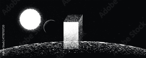 Star and planet in space. Futuristic landscape, with monolith .Vector illustration
