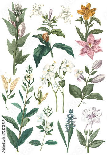 This artistic flora collection showcases a variety of botanical elements in a watercolor style  each piece contributing to a sophisticated bouquet of natural elegance. Ideal for decorative plant illus