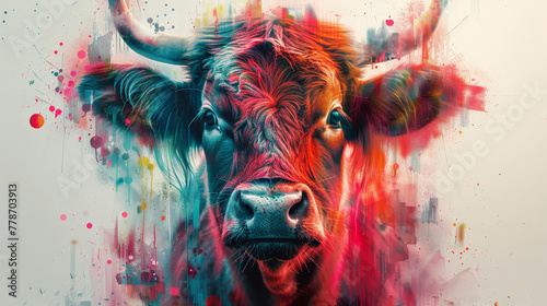 A vibrant painting of a cow adorned with colorful paint splatters, blending abstract art with realism.
