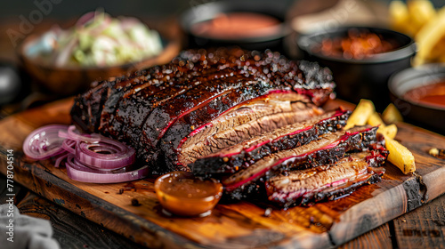 Detail of a tender barbecue brisket being carved, highlighting the rich texture and glaze