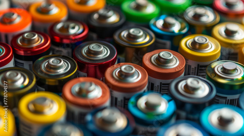 Close-up of colorful batteries, creating an energetic abstract background of power sources