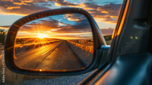 Sunset reflected in car's side mirror on an empty desert road