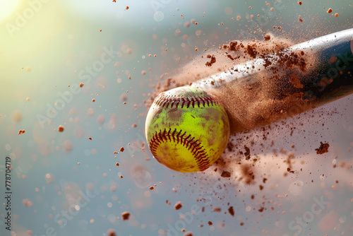 Dramatic moment of a fastpitch softball making contact with the bat, dirt flying in action photo