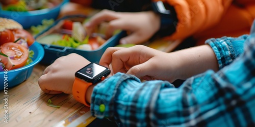 A macro shot of children's wrists adorned with intelligent wristwatches, capturing the post-school mealtime with nutritious lunch boxes.