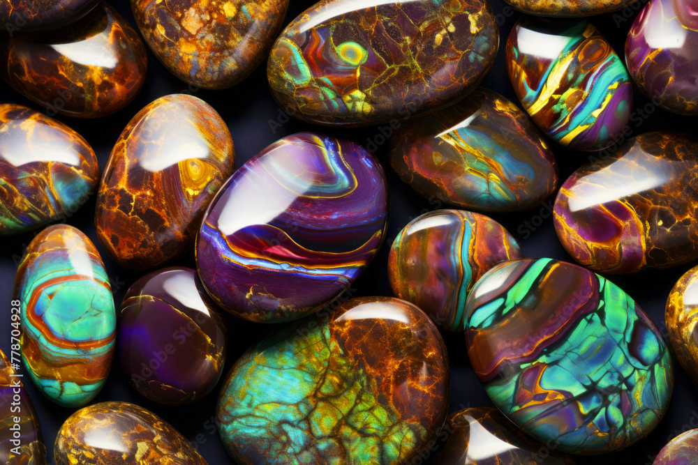 Collection of polished natural stones with intricate patterns and colors