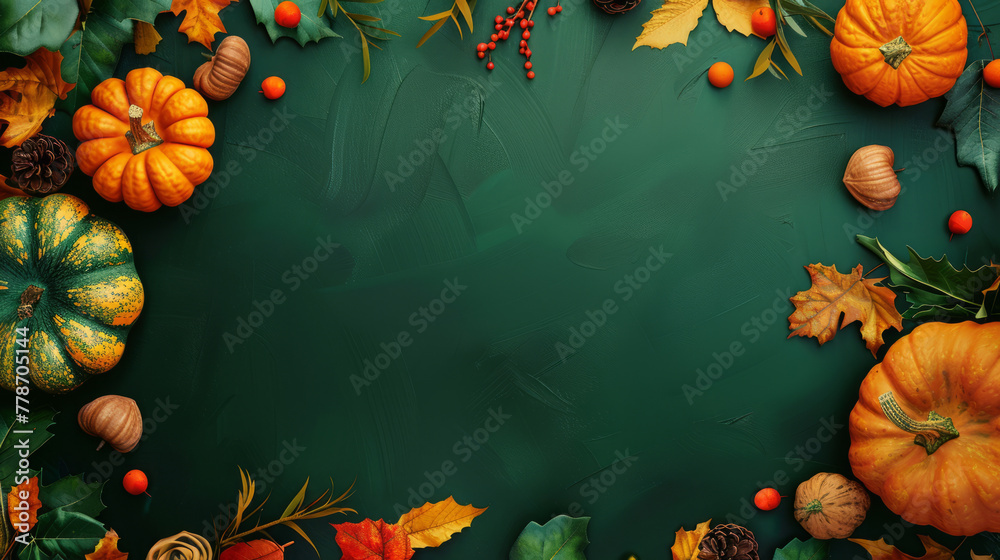 Fototapeta premium A festive and vibrant presentation of bright orange pumpkins with fall leaves, berries, and pine cones on a deep green backdrop